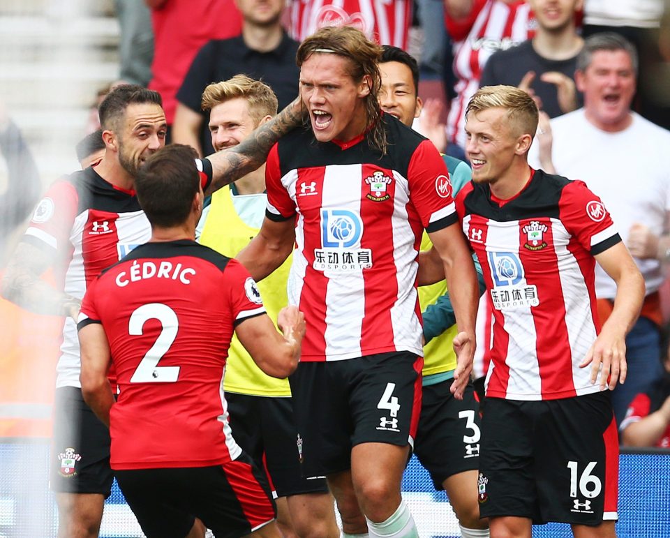  The towering defender celebrates bringing Southampton level