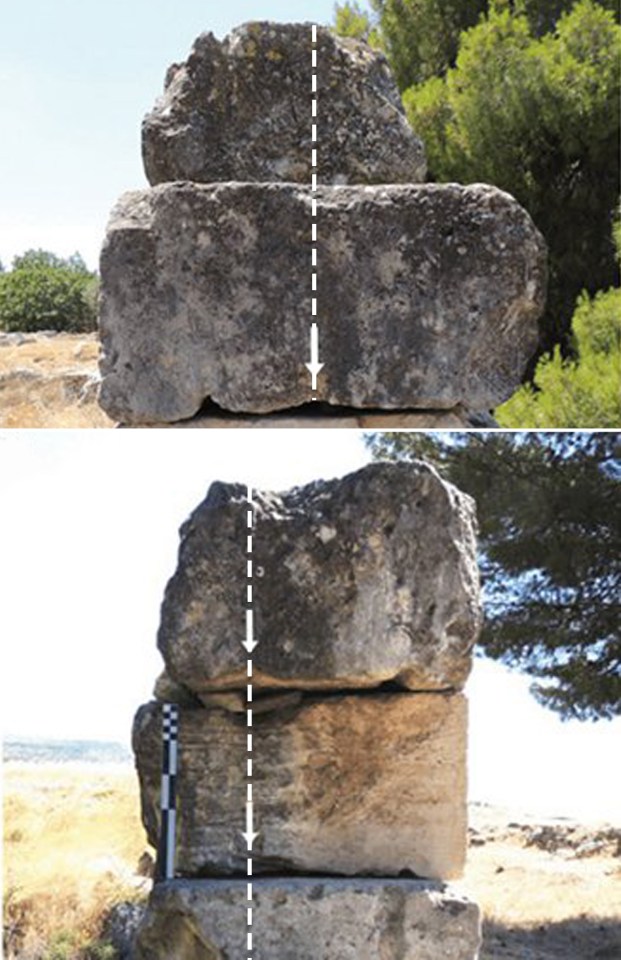  These ancient stone blocks were used to build some of the earliest Ancient Greek temples. Grooves in the blocks (white arrows) reveal that a complex system of ropes and levers was used to lift them during construction around 2,700 years ago