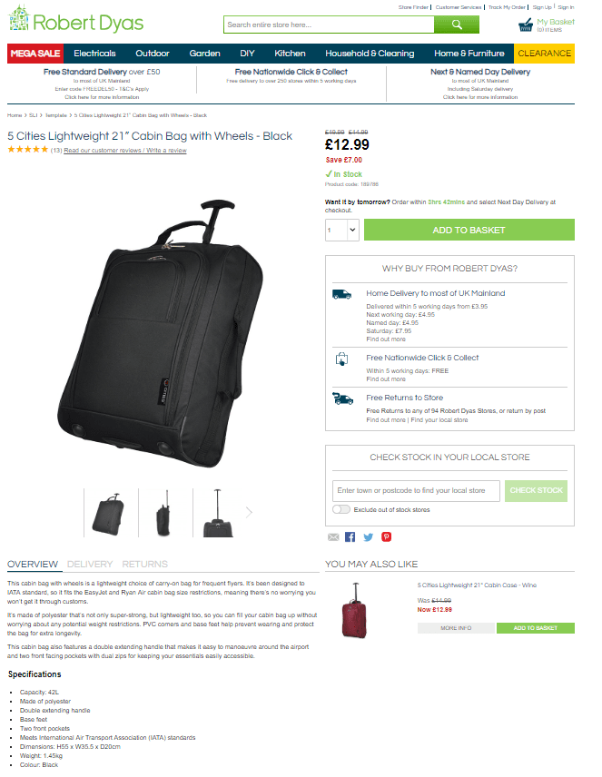  The suitcase on Robert Dyas' website was actually too big to be taken on board a Ryanair flight for free