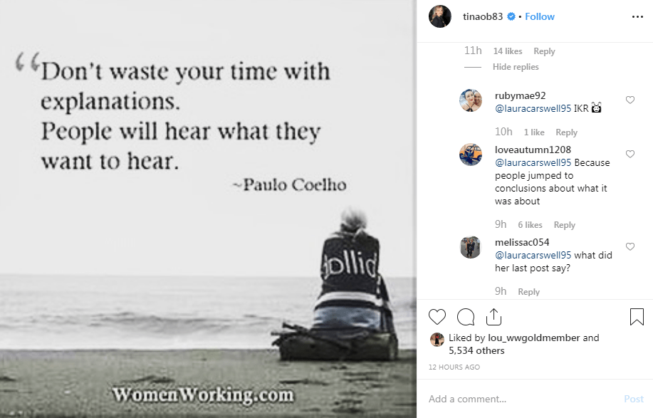  Tina's latest cryptic post is a quote from Paulo Coelho