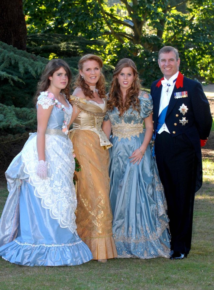  Beatrice wearing a blue and gold taffeta gown for her Victorian-themed 18th birthday bash by Georgina Chapman's brand Marchesa