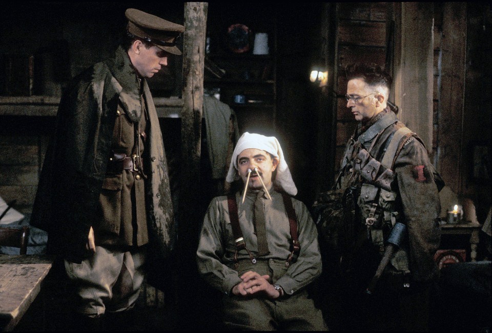  In an iconic scene Blackadder pretends to be mad by sticking a pair of underpants on his head and two pencils up his nose to escape teh horrors of WWI