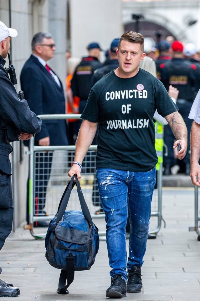  Tiommy Robinson wore a 'convicted of journalism' t-shirt when he was jailed at the Old Bailey