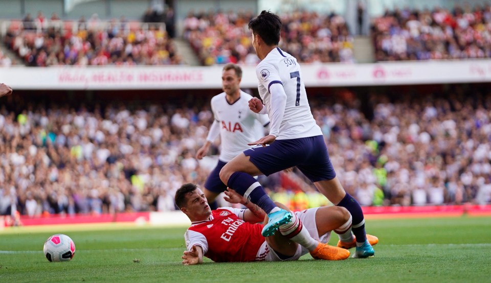  Granit Xhaka clumsily took down Son Heung-min in the penalty box