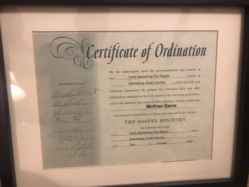  Game's framed certification of ordination as a minister with the North Spartanburg First Baptist Church