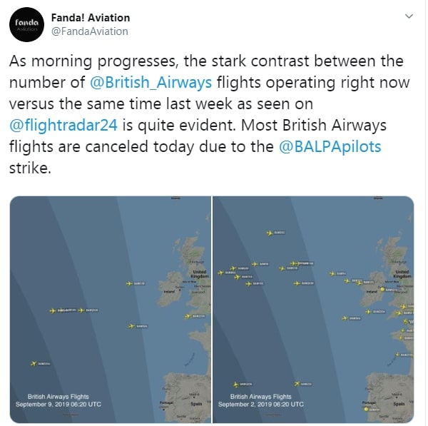 Flight radars show the drop in BA planes in the skies due to the strike