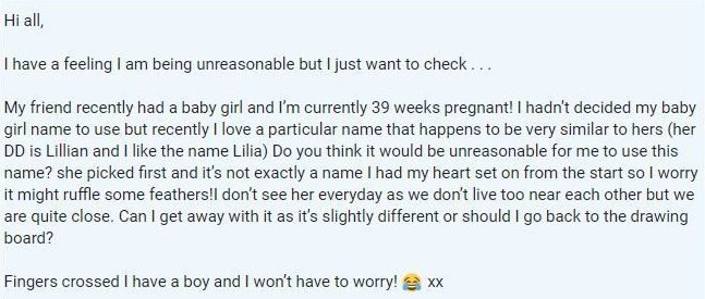  Mumsnet user wants to name her daughter Lilia, shortly after her best friend called her daughter Lillian