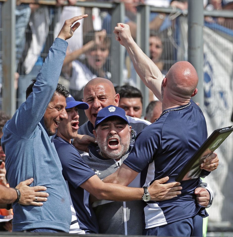  An equaliser for Gimnasia sparked a massive reaction from manager Maradona - who clung onto his coaching staff in celebration