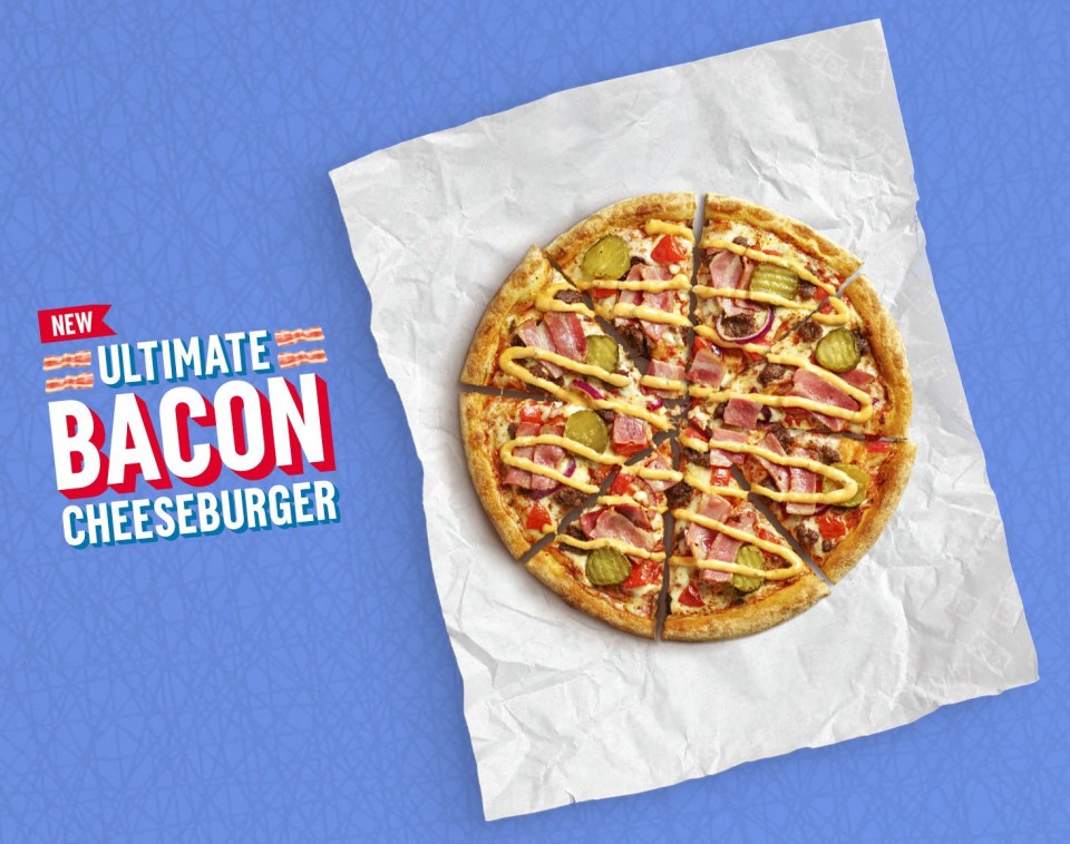 The fast food creation is a deconstructed burger spread across a pizza base, complete with mozzarella and bacon