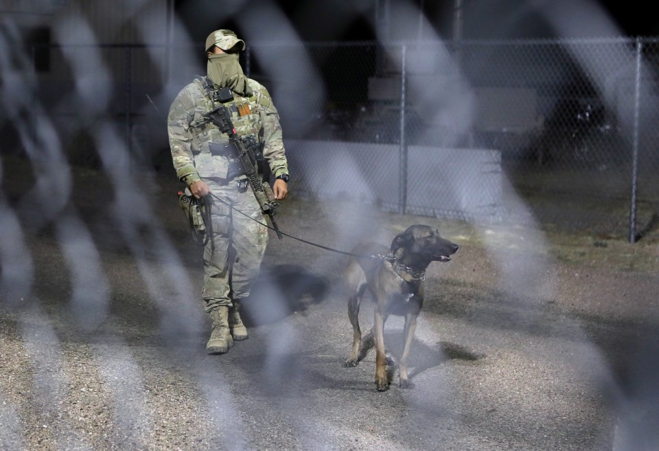  A military personnel member patrols with a dog within the gates to Area 51