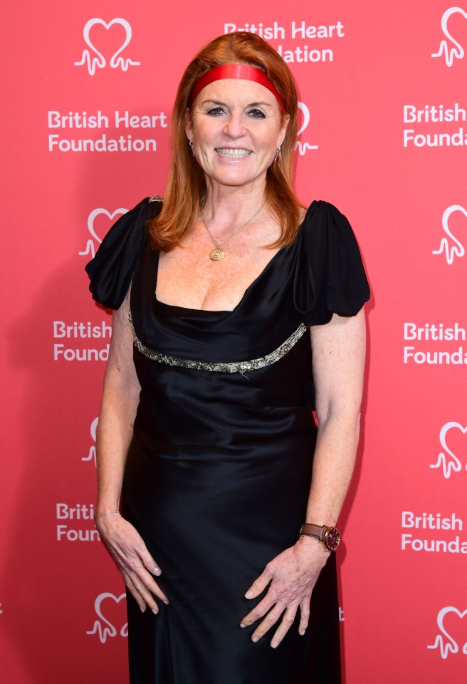 The Duchess of York wore a black dress and red headband for the British Heart Foundation’s Heart Hero Awards at Shakespeare’s Globe Theatre