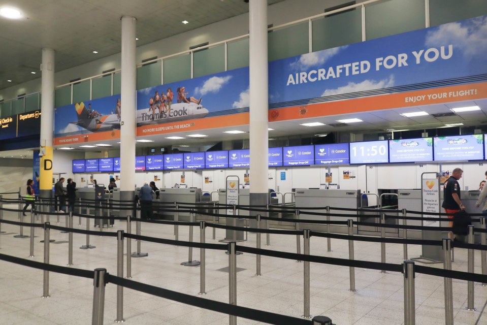  The Thomas Cook check-in counter at Gatwick Airport was deserted today