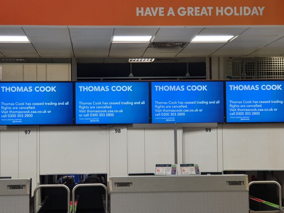 Sad sign: Thomas Cook tells travellers that the firm has ceased trading and ‘all flights are cancelled’