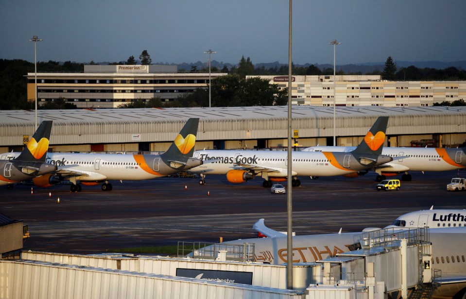 Grounded Thomas Cook planes seen at Manchester Airport this morning