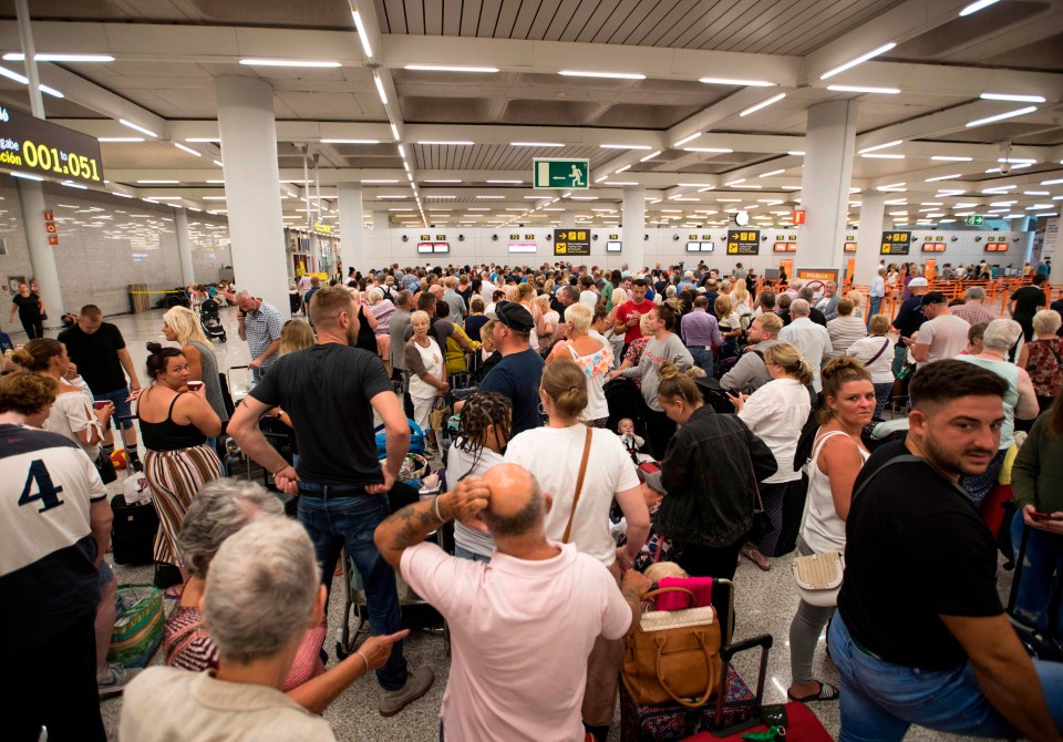 The UK’s largest peacetime repatriation has been launched after travel giant Thomas Cook collapsed (pictured: the chaotic scene in Majorca airport today)