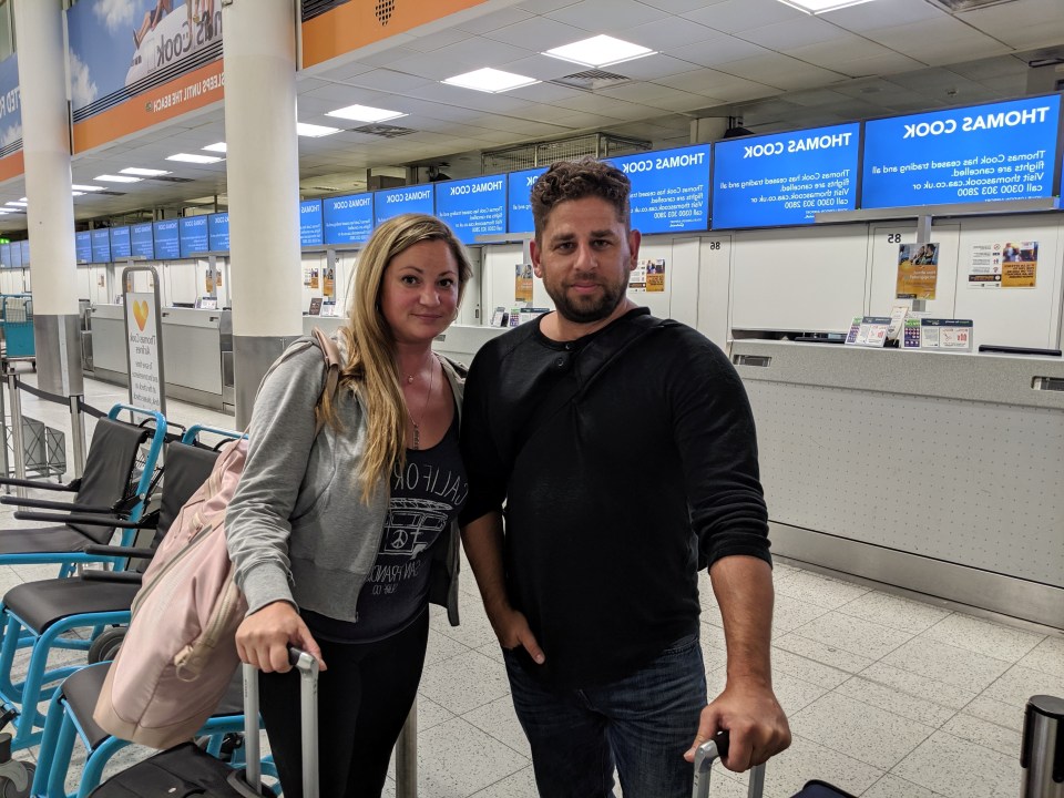  American couple Ajoulyn Chaffe, 35, and John Garrett, 40, arrived at Gatwick to find Thomas Cook had gone bust