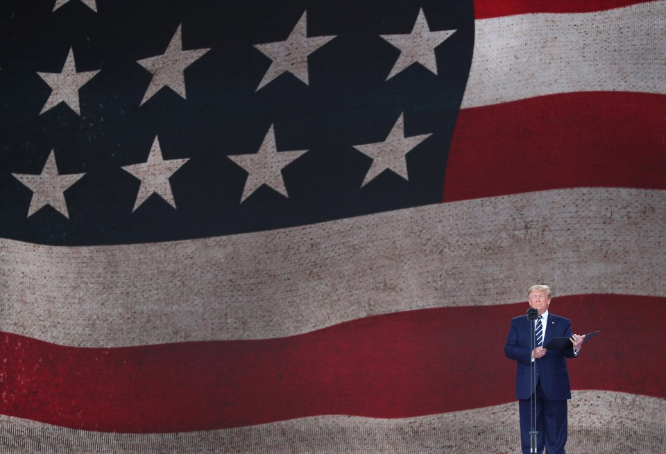 Donald Trump speaking during commemorations for the 75th anniversary of the D-Day landings