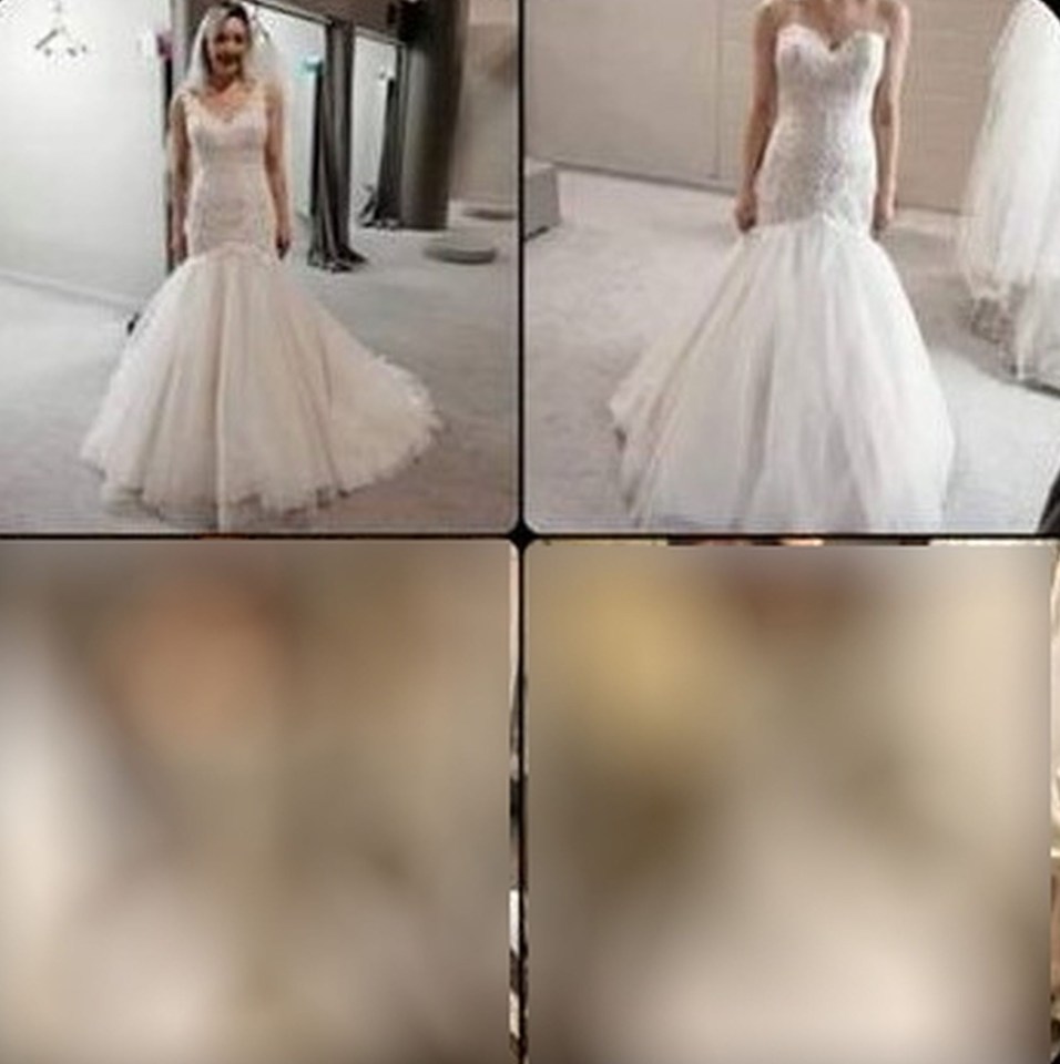 She shared pictures of the first wedding dress she had purchased and another one (muzzed) that she was considering in a private Facebook group