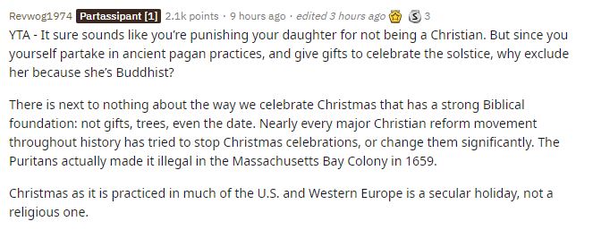 Reddit users took the teenager’s side and argued Christmas is more of a cultural holiday than a religious celebration