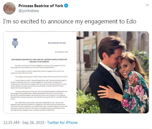 Beatrice shared her news on Twitter and called her fiance ‘Edo’