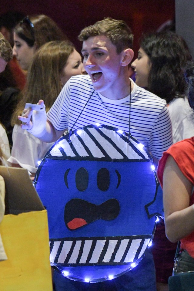  A student waits in line wearing an outfit of Mr Bump