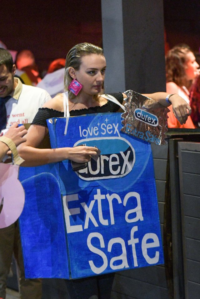  This student wears a box of Extra Safe durex condoms, complete with condoms as earrings