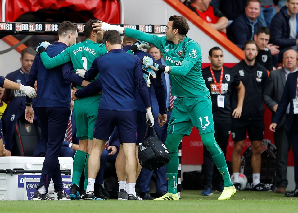 Hammers goalkeeper Lukasz Fabianski is replaced by Roberto Jiminez at the Vitality Stadium