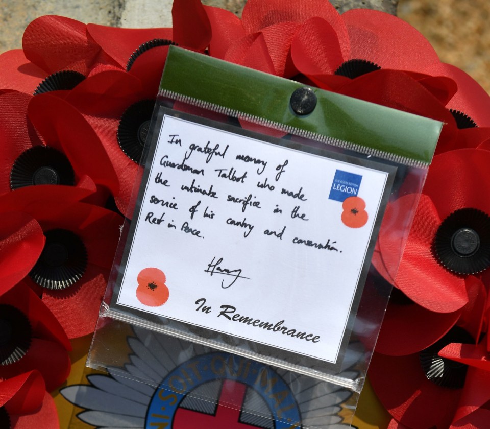  Harry left a wreath with a note paying tribute to the fallen soldier