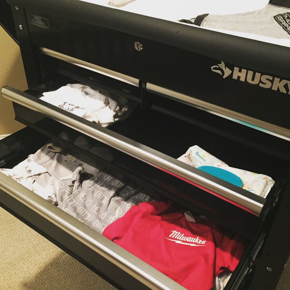  The cart even has drawers to store the twins' clothes