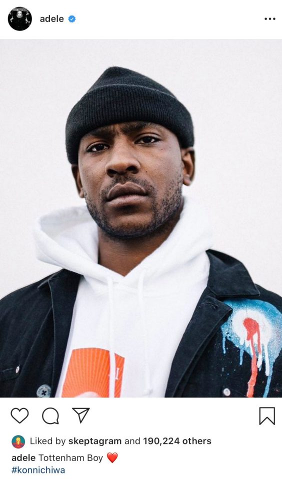  Adele posted a picture of Skepta captioning it: 'Tottenham Boy' alongside a heart emoji