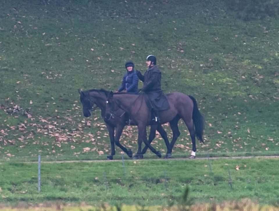  Andrew is seen riding out with a friend at Windsor Castle on Saturday