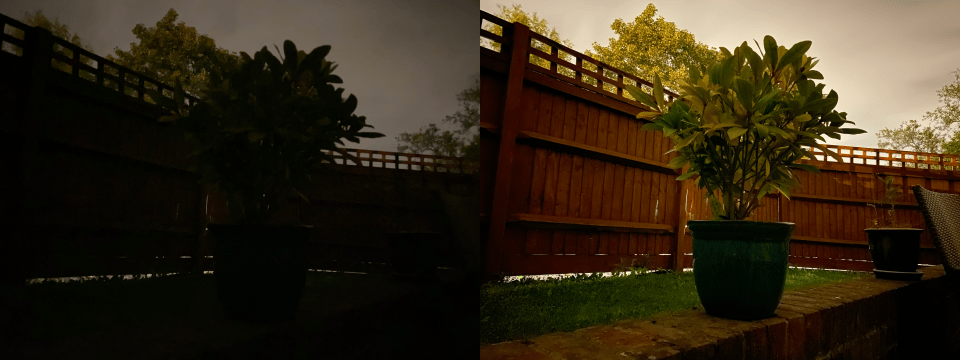  This comparison shows Night Mode off and on in an outdoor nighttime scene, taken using a tripod. The difference in brightness and detail is staggering – but the "night mood" is retained in both images