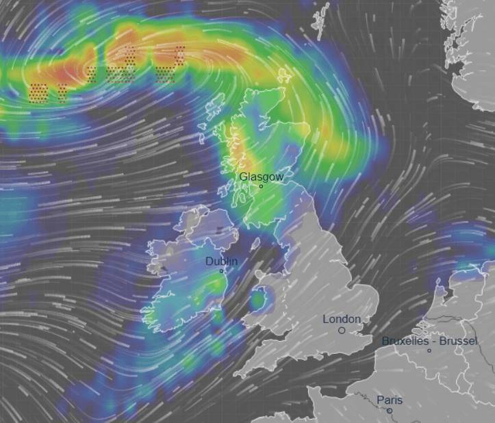  UK weather forecast: Heavy rain and blustery gales will sweep into mainly northern and western parts of the UK on Tuesday, as this weather graphic for 7pm tonight shows