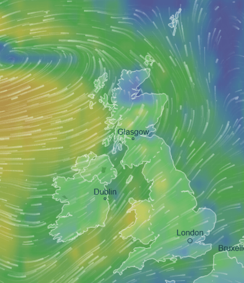  UK weather forecast: Strong gales will affect large parts of Britain today, as this weather map shows. Green and yellow colours show more severe winds