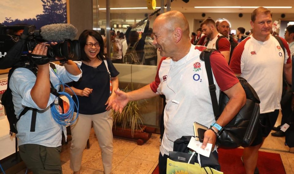  Red Rose chief Eddie Jones jokes with a Japanese film team