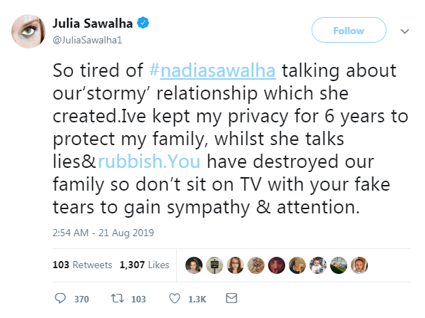  Julia lashed out at Nadia on Twitter