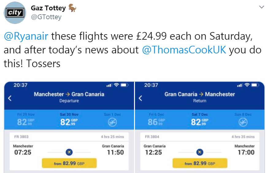 Ryanair flights increased from £24.99 to £82.99