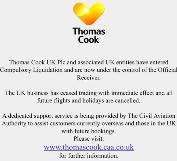 Thomas Cook has ceased trading with immediate effect