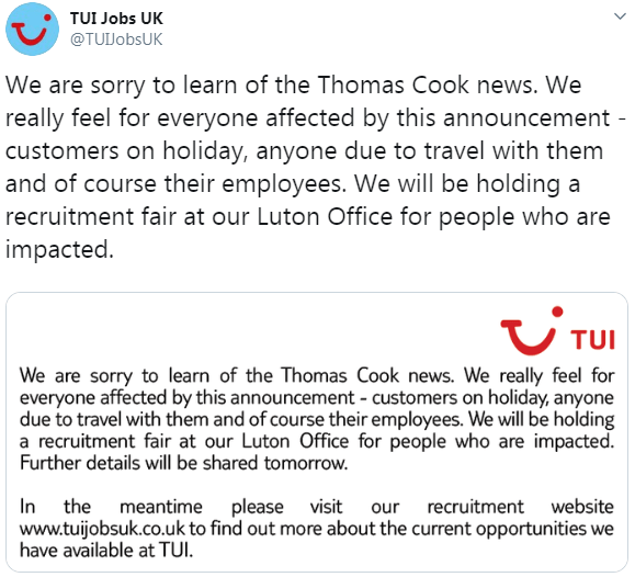 This tweet from Tui promises a job fair for Thomas Cook staff