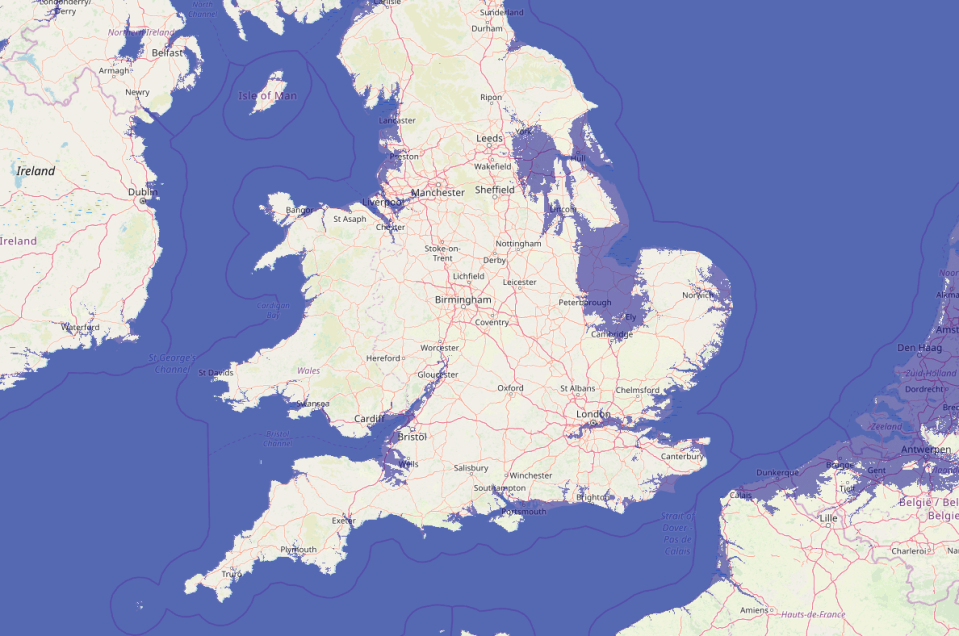  This is what some parts of Britain would look like with a 13 metre rise in sea level