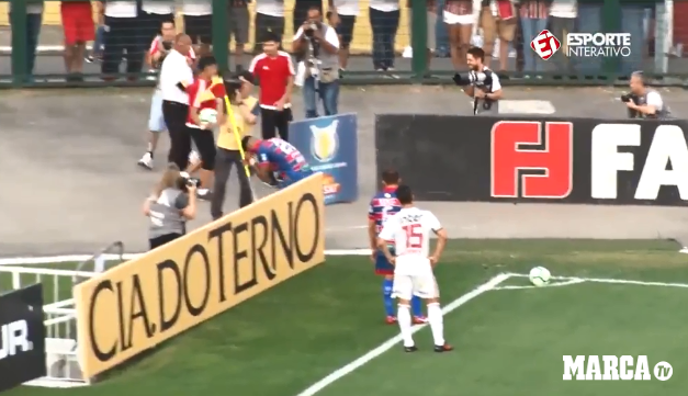  Barcelona legend Dani Alves reels after being attacked as he got ready to take a corner for Sao Paulo