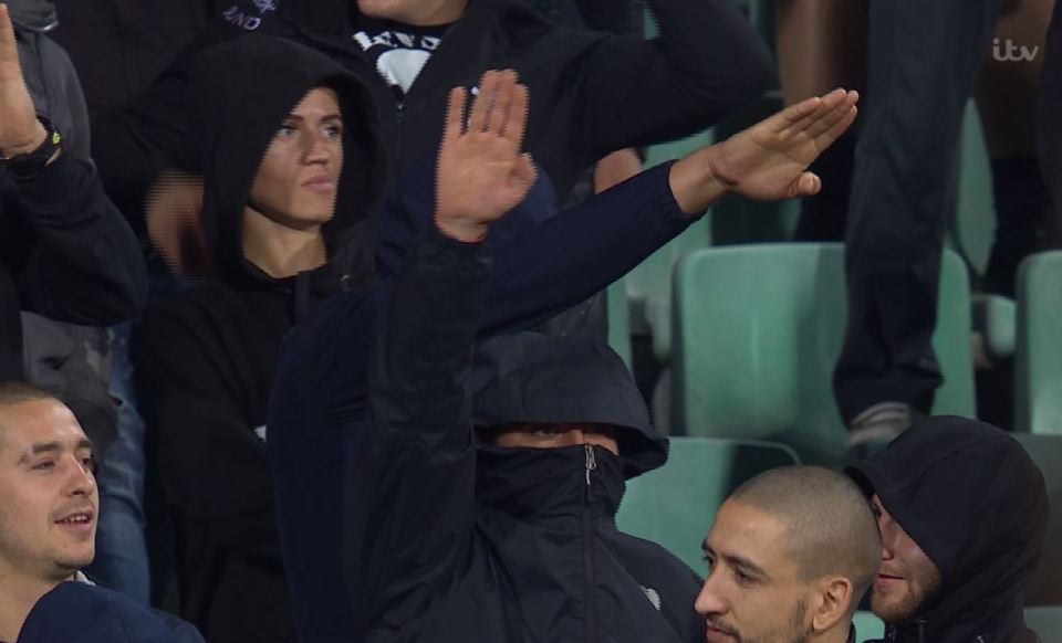  Bulgaria fans are seen doing Nazi salutes in the stands