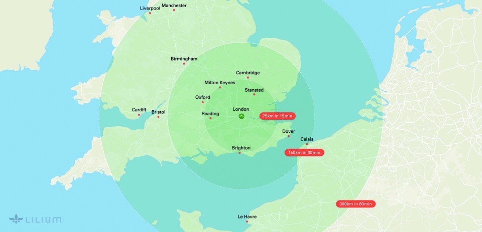  Lilium has estimated how long the aircraft would take to travel from London to certain spots in the UK