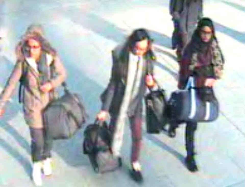 Begum, right, at Gatwick Airport, with two teenage pals when she left the UK to join the Islamic State group in Syria in 2015