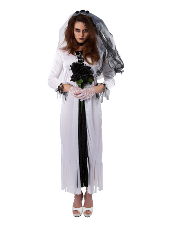  This corpse bride features a spooky black veil and lace gloves