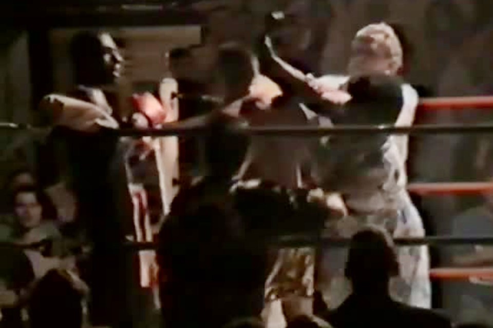 This was the shocking moment boxer Steve McCarthy was clouted on the head by opponent Tony Wilson’s mum and her shoe