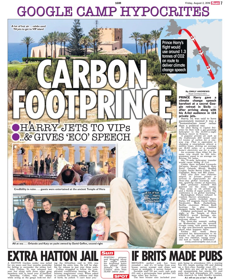 We reported on Harry’s speech at a Google climate retreat, which was attended by celebs who had travelled there on 114 private jets and super-yachts