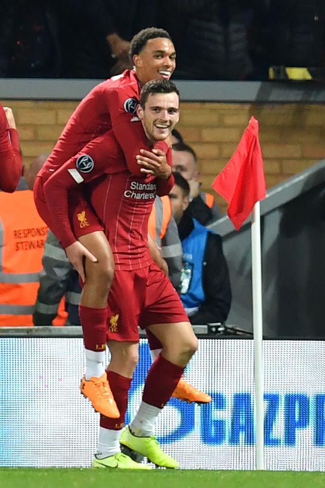  Andy Robertson, pictured celebrating with Trent Alexander-Arnold, doubled the advantage midway through the first half