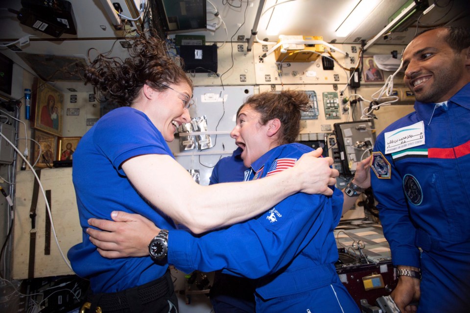  The moment Koch (left) and Meir (right) greeted each other after Meir's arrival on the ISS