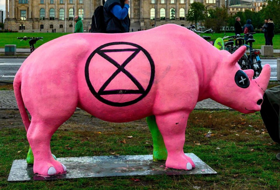  A bright pink rhinoceros emblazoned with Extinction Rebellions signature logo, next to the chancellory at the Reichstag in Berlin